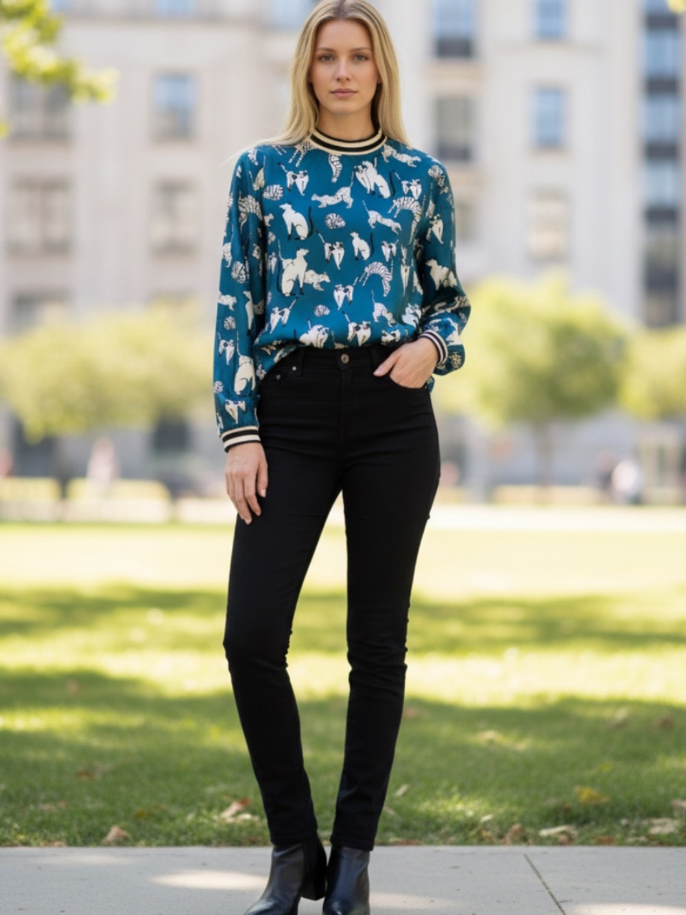 Zara Teal Crewneck Blouse with Cream & Black Cat Print